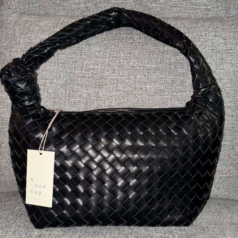 A New Day Black Hobo Handbag with Woven Texture